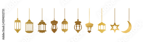 Ramadan Lantern Luxury Gold Lamp Transparent Background For Islamic Festival Or Isra Miraj Un Nabi. Gold vintage luminous lanterns. Arabic shining lamps. Isolated hanging realistic lamps.