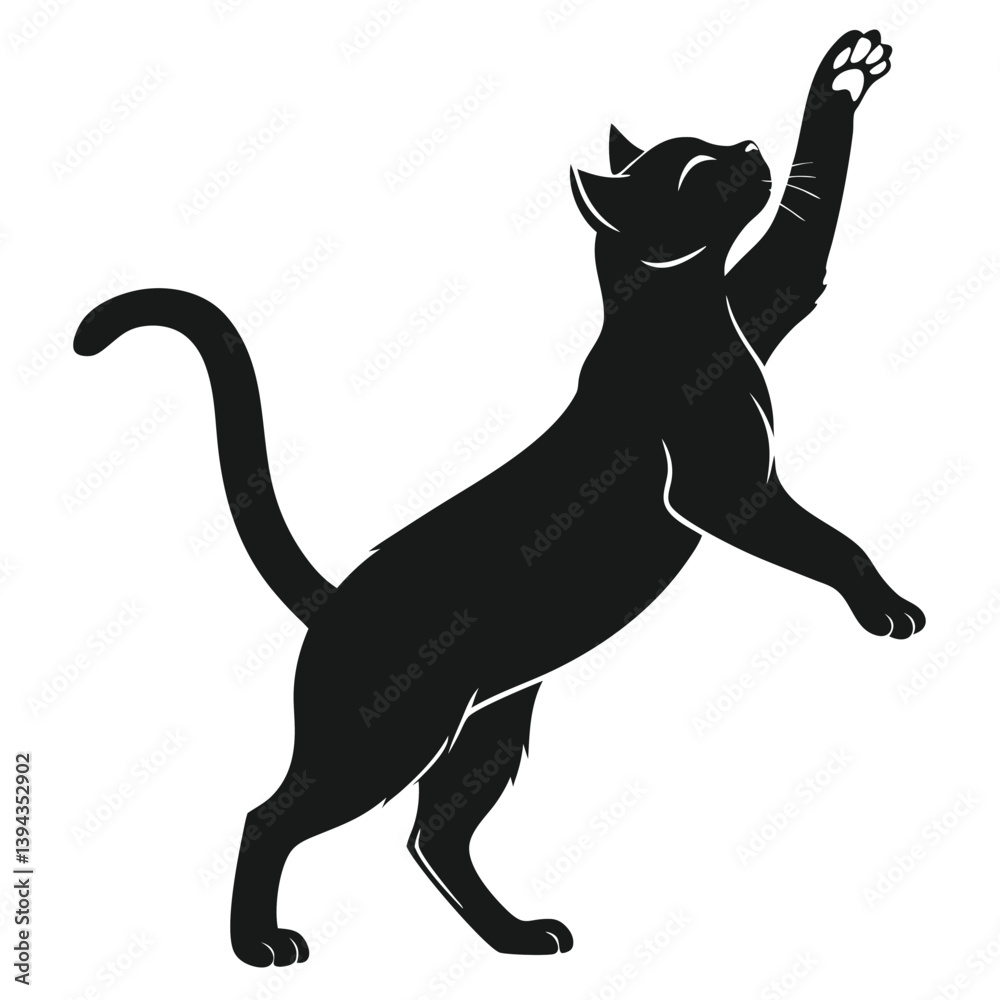 © Shipon - Sleek Black Cat Silhouette Reaching Upwards, Playful Feline, Arching Back, Elegant Pose