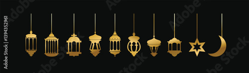 Ramadan Lantern Luxury Gold Lamp Transparent Background For Islamic Festival Or Isra Miraj Un Nabi. Gold vintage luminous lanterns. Arabic shining lamps. Isolated hanging realistic lamps.