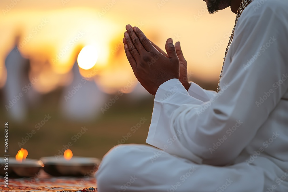Person kneeling in prayer with hands together at sunset outdoors