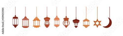 Ramadan Lantern Luxury Gold Lamp Transparent Background For Islamic Festival Or Isra Miraj Un Nabi. Gold vintage luminous lanterns. Arabic shining lamps. Isolated hanging realistic lamps.