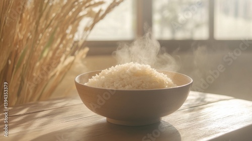 A bowl of fluffy steamed rice with steam rising, placed on a wooden table with soft natural light filtering through, creating a warm and inviting feel.