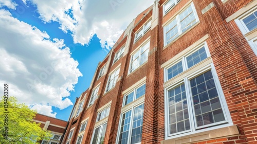 Exterior of a traditional high school building with a brick facade.