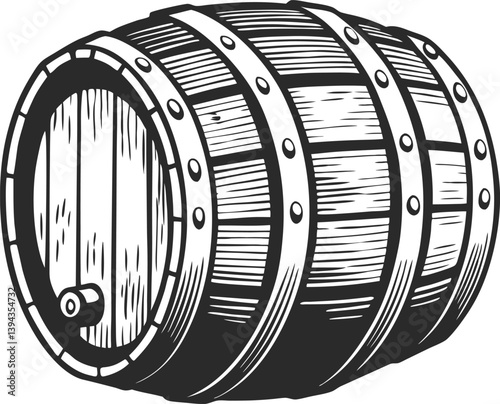 Vintage Wooden Barrel Illustration – Hand-Drawn Oak Cask for Wine or Whiskey Storage
