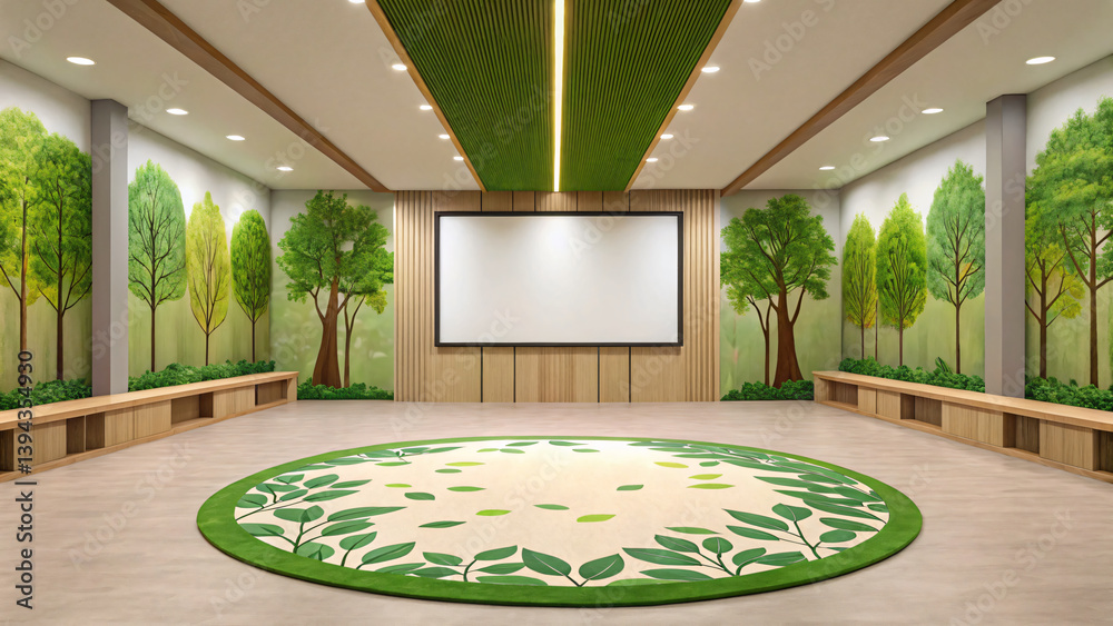 Fototapeta premium Bright and Modern Meeting Room with Green Nature Theme and Large Projection Screen
