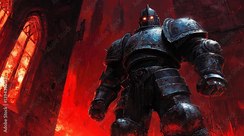 A large armored warrior stands in a foreboding and ominous environment