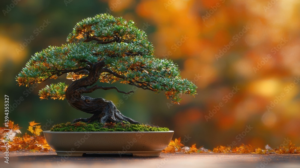 Obraz premium Bonsai tree thriving in a shallow pot vibrant green leaves autumn hues