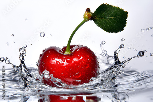 Red ripe cherries, a healthy and delicious summer fruit, make a juicy splash in fresh water