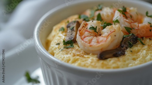 A close-up of a bowl of creamy steamed egg, with a delicate garnish of shrimp and mushrooms, sitting on a clean white plate with soft, natural lighting.