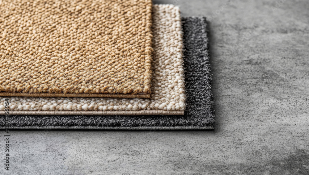 Fototapeta premium Three different colored carpets are stacked on textured surface, showcasing variety of textures and shades. carpets include beige, cream, and gray, highlighting their plush and soft appearance