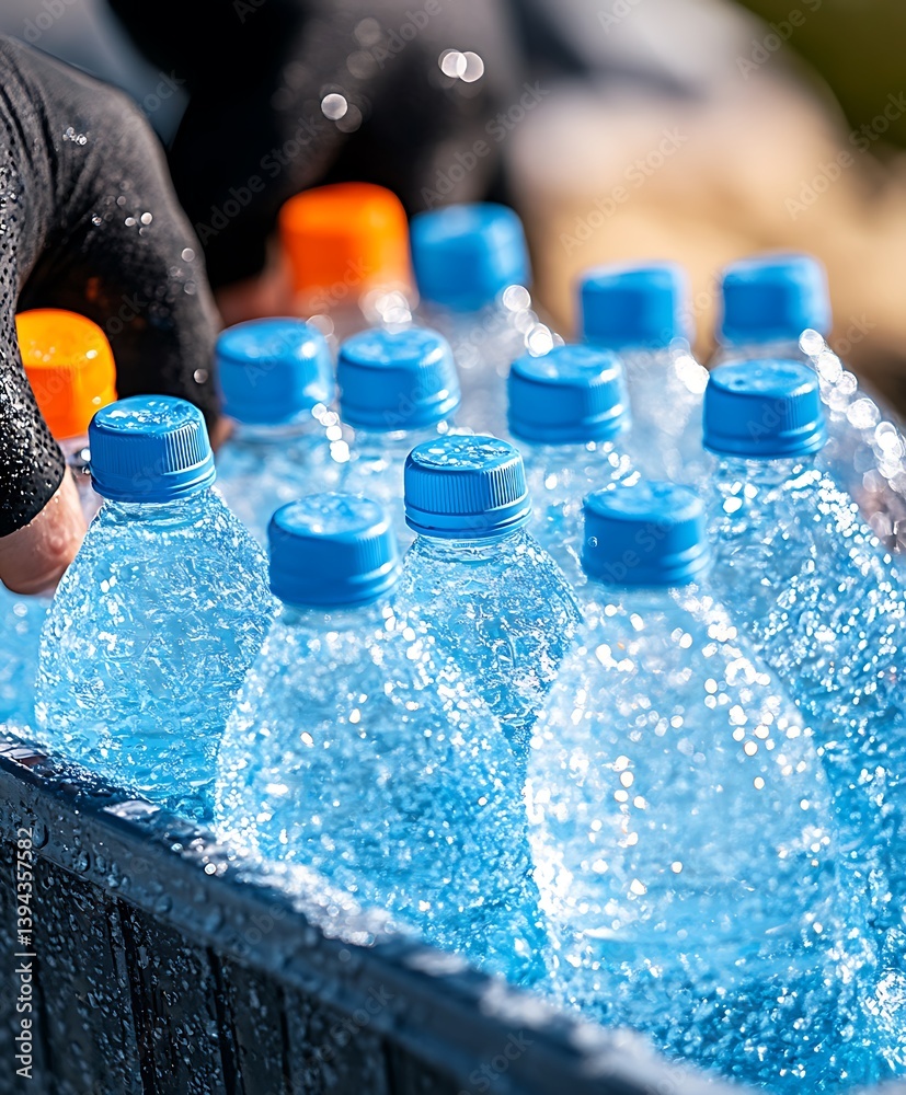 Several bottles of water are placed inside a black container