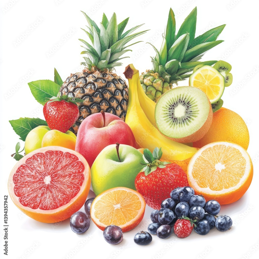 Vibrant fruit arrangement display kitchen counter food photography bright lighting close-up exotic varieties