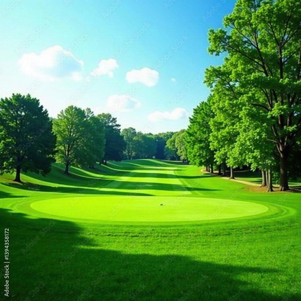 Fototapeta premium Rolling hills of emerald golf course, lined with mature trees, fairway, vibrant, peaceful