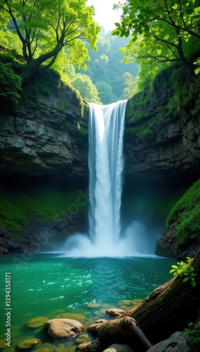 Misty waterfall plunges into emerald pool surrounded by ancient trees, picture, still