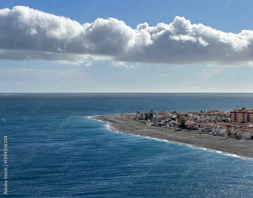 View of the beach near Punta de Carchuna and the coastal town Calahonda, Andalusia, Spain, March 2024