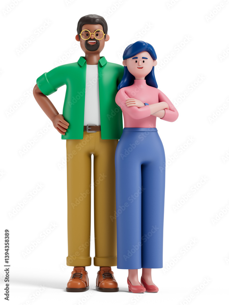 Fototapeta premium 3D man and woman in professional attire symbolizing teamwork and collaboration. 3D rendering, conceptual image. Isolated on white background.