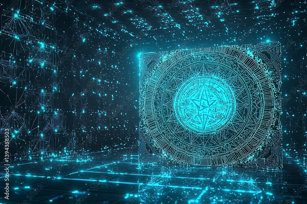 A futuristic geometric artwork showcasing technological design and digital patterns