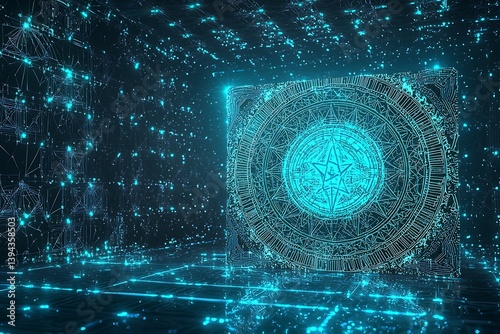 A futuristic geometric artwork showcasing technological design and digital patterns