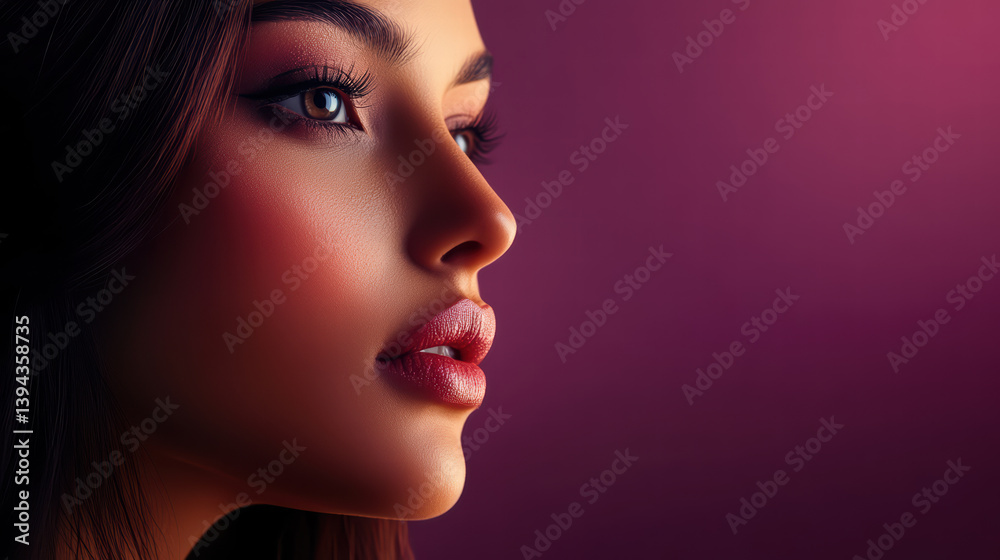Graceful Contemplation: A close-up shot of a beautiful woman's profile, where light dances on her flawless skin, lips, and delicate features with a subtle smile and dreamy expression. Graceful Contemplation: A close-up shot of a beautiful woman's profile, where light dances on her flawless skin, lips, and delicate features with a subtle smile and dreamy expression.