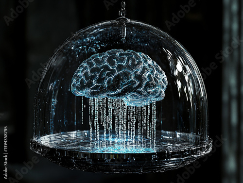 A glowing blue brain suspended in a transparent dome emits streams of binary code like digital rain against a dark background. It symbolizes AI, data processing, and technological evolution.