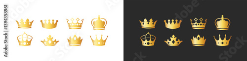 Royal golden crown. Monarchy wealth and power symbol, king and queen gold coronet. Rich realistic 3D vector illustration set of king luxury crown