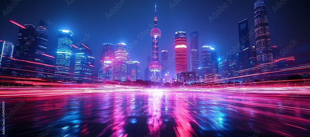 Neon cityscape reflecting brightly colored lights on a smooth surface