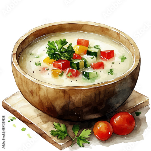 Congee, watercolor illustration, isolated on a white background.

