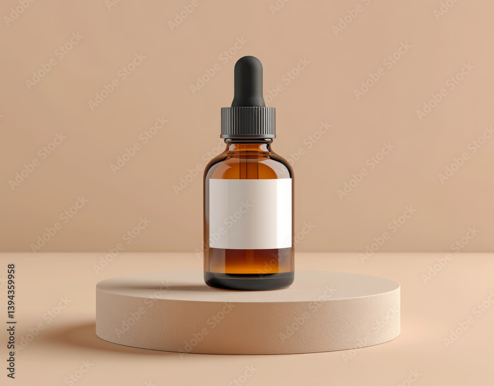 custom made wallpaper toronto digitalmockup of amber glass dropper bottle with blank label stands on round beige platform against neutral background, perfect for showcasing skincare or essential oil products