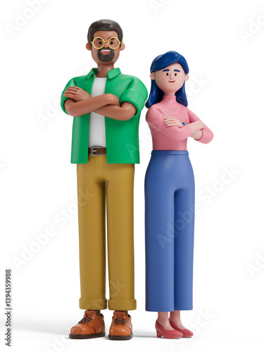 3D man and 3D woman with arms crossed, symbolizing confidence and readiness. 3D rendering, conceptual image, isolated on white background.