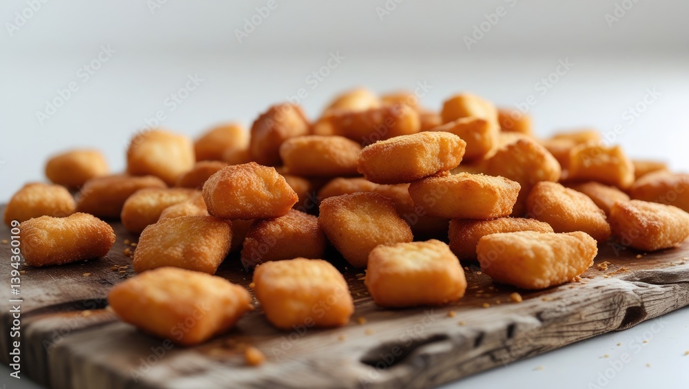 Fresh from the fryer Nuggets resting on a rustic wooden cutting board on a white background Fresh from the fryer Nuggets resting on a rustic wooden cutting board on a white background
