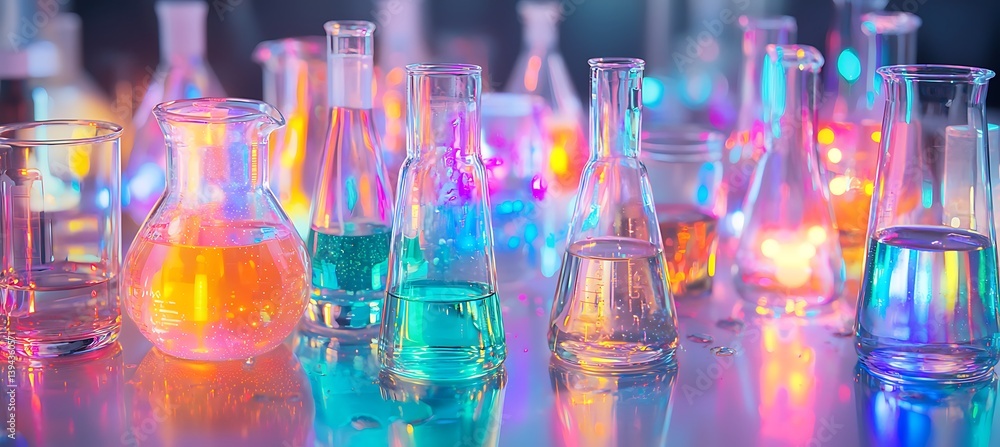 Colorful lab glassware displays various glowing liquids for scientific experiments