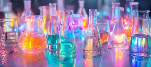 Obraz na płótnie Colorful lab glassware displays various glowing liquids for scientific experiments w salonie