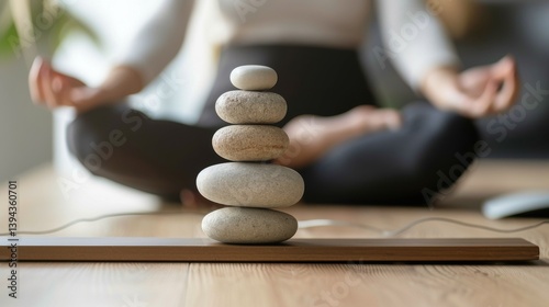 Meditation and Balance: Woman Meditating Behind Stone Cairn
