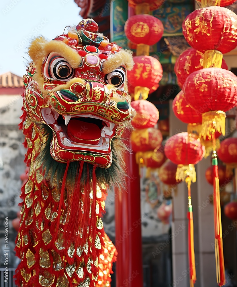 A vibrant red and gold dragon head during a cultural celebration