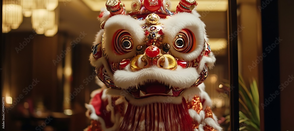 A colorful traditional lion dance costume in focus indoors