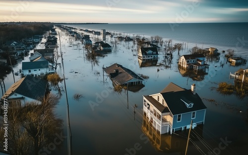 A flooded coastal town with water covering the streets and houses partially submerged.