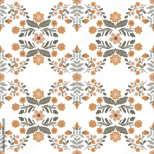 Seamless vector floral pattern in folk style on a white background, inspired by 2025 color trends. Decorative and artistic design perfect for textiles, packaging, and modern creative projects.