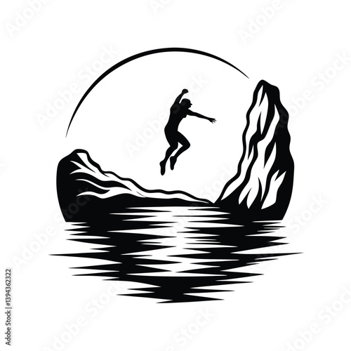 Silhouette Jumper, Rock Cliff, Water Reflection, Black and White, Arched Composition