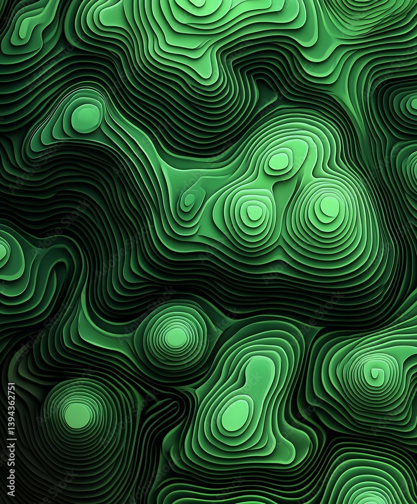 An abstract graphic design showcasing a layered gradient of green shapes