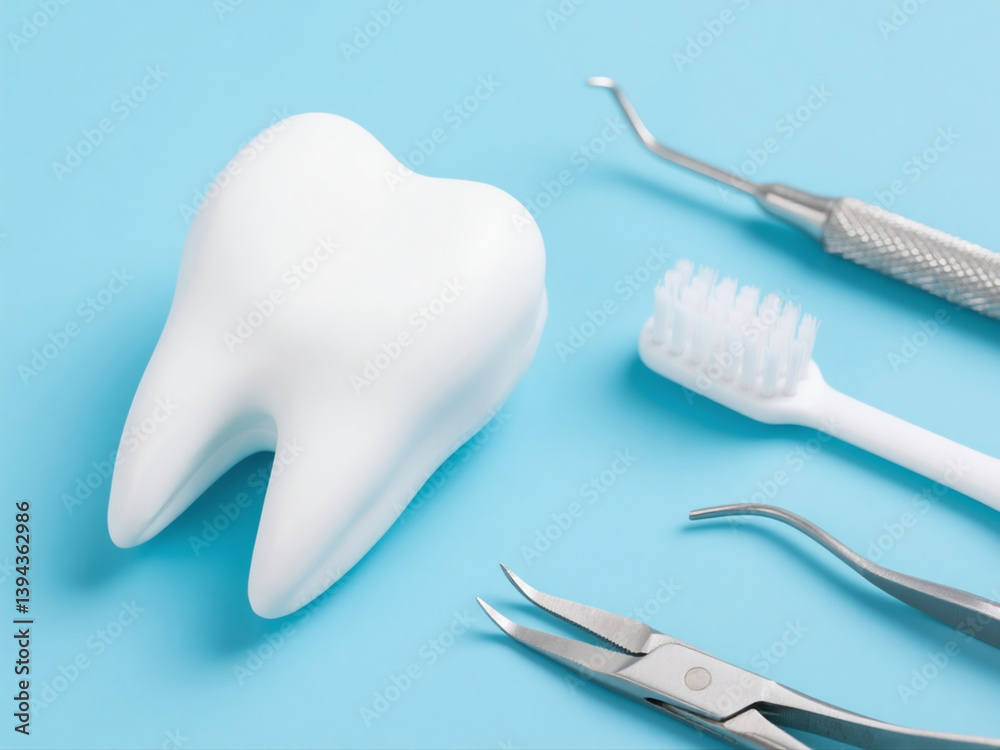 white tooth model, brush and dentist's tools on light blue background, flat lay