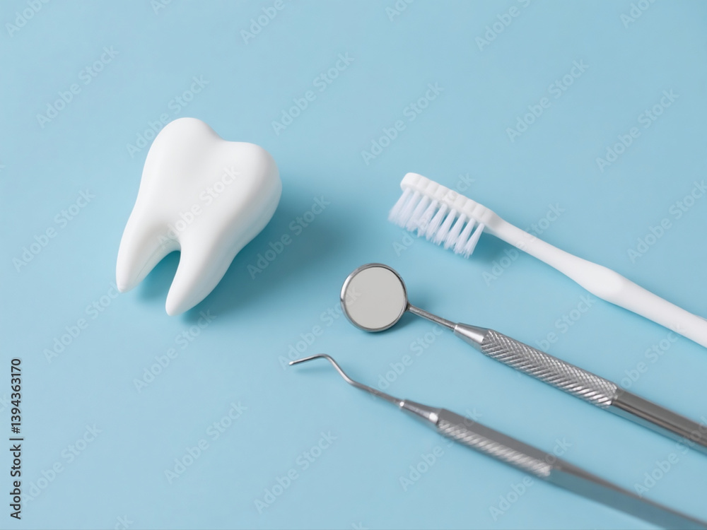 white tooth model, brush and dentist's tools on light blue background, flat lay