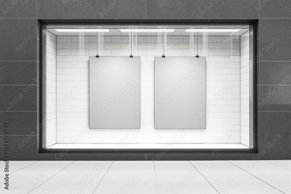 Blank poster mockup in a clean storefront display.