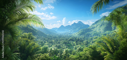 Lush green jungle landscape with clear blue sky and distant mountains, creating serene and vibrant atmosphere. scene is filled with dense foliage and tropical plants