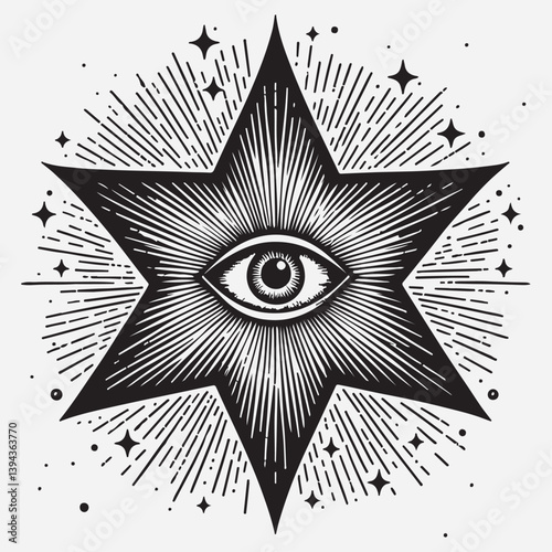 Star with prediction eye, occult and esoteric tarot magic symbol. Hand drawn vector