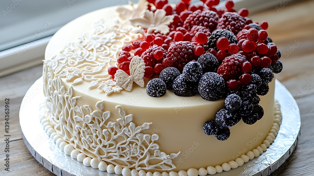 A beautifully decorated cake topped with various fresh berries
