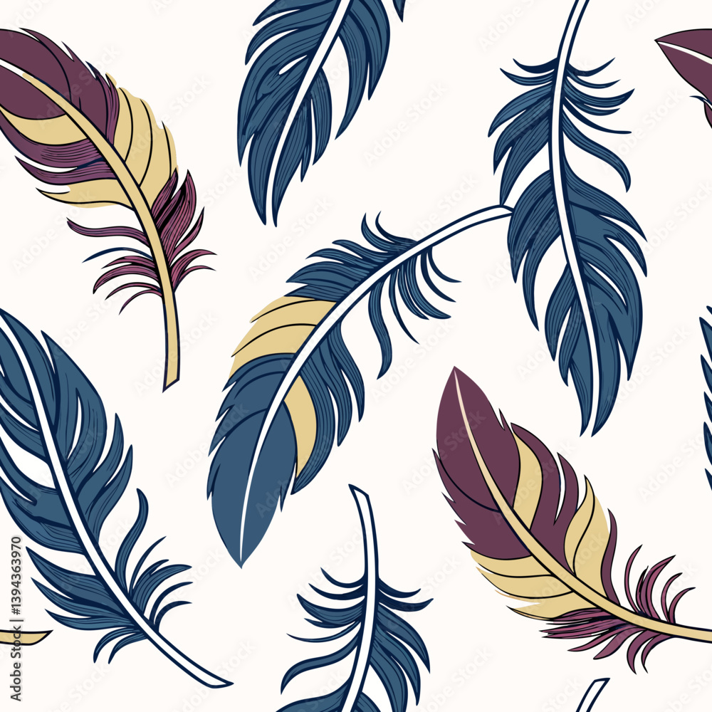 Obraz premium Vector seamless pattern “Colorful Feathers” in bright colors on a light background 