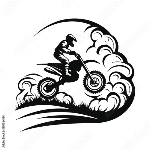 Silhouette of Motocross Rider Leaping Over Terrain, Dust Clouds, Action, Adventure, Black