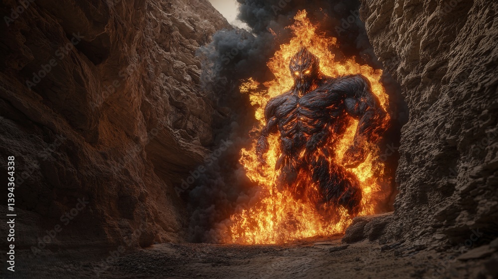Epic fire monster emerges from canyon depths desert landscape 3d art dramatic environment close-up view fantasy concept Epic fire monster emerges from canyon depths desert landscape 3d art dramatic environment close-up view fantasy concept