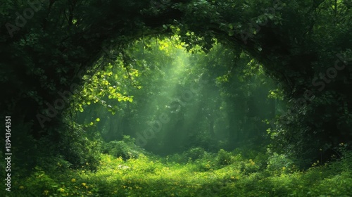Lush forest pathway bathed in sunlight