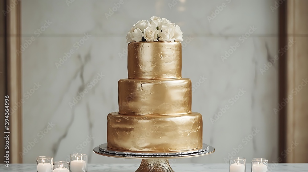 A decorative three tiered gold cake with white flower accents